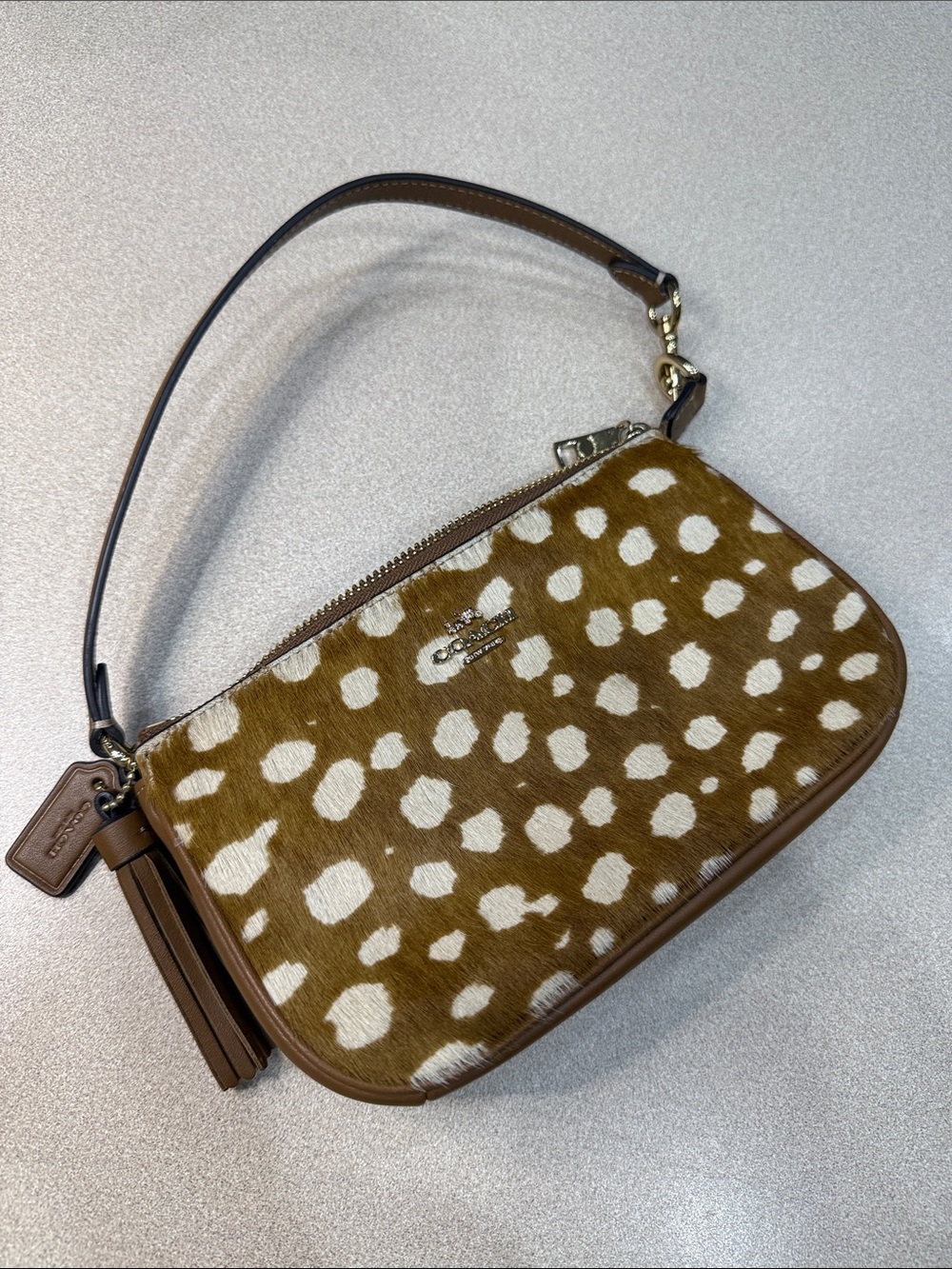 Coach Nolita 19 in Deer Print Haircalf & Leather Gold Brown Fawncore CDW35